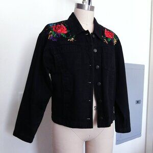 Carole Little Petites Black Denim Jacket with Floral Embroidery & Beading Size 8